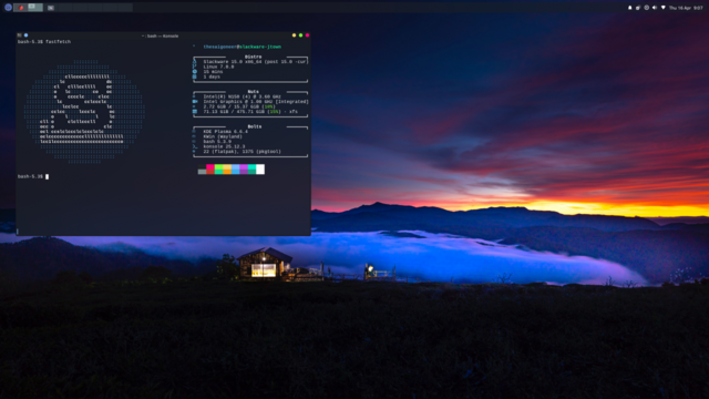 Terminal in Slackware -Current, running kernel 7.0 and the barebones KDE 6.6.4. All big applications as flatpaks, can run homebrew and/or distrobox on top also.