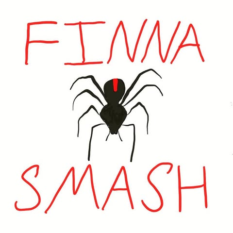 a bad drawing of a scary black spider with the words "FINNA SMASH" around it