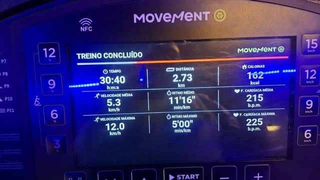 Fornecido por @altbot, gerado localmente e de forma privada usando Gemma4:26b

Um visor digital de um equipamento de exercícios exibindo o resumo de um treino finalizado. No topo, lê-se "MOVEMENT" com um logotipo circular e um ícone "NFC", sob o título "TREINO CONCLUÍDO". Os dados exibidos são: "TEMPO 30:40 h:m:s", "DISTÂNCIA 2.73 km", "CALORIAS 162 kcal", "VELOCIDADE MÉDIA 5.3 km/h", "RITMO MÉDIO 11'16" min/km", "F. CARDÍACA MÉDIA 215 b.p.m b.p.m.", "VELOCIDADE MÁXIMA 12.0 km/h", "RITMO MÁXIMO…