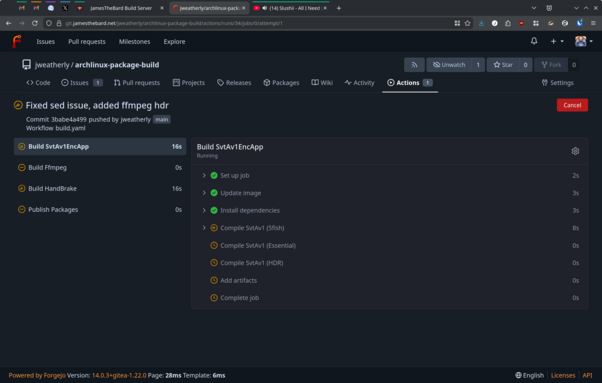 A screenshot of the Forgejo pipeline that currently builds Handbrake, Ffmpeg, and the SvtAv1 encoders, packages them for Arch Linux, and then throws them at the repo.