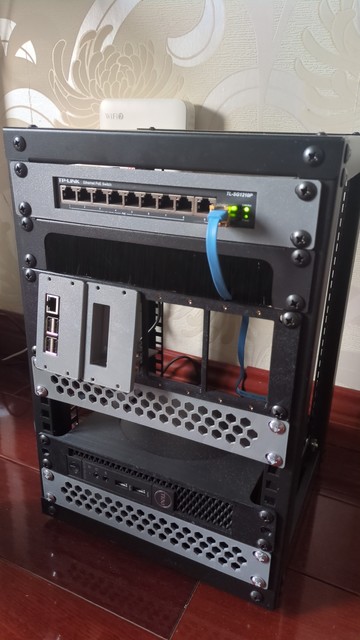 An 8u mini-rack with an 8-port TP-Link PoE switch, LabStack Raspberry Pis with only one slot utilized, and a Dell mini PC at the bottom. 