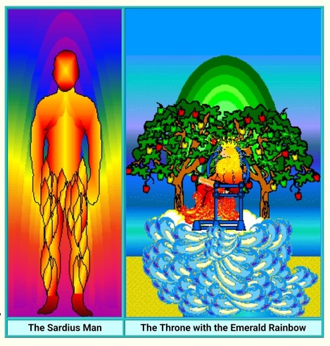 the sardius man and the throne with the emerald rainbow