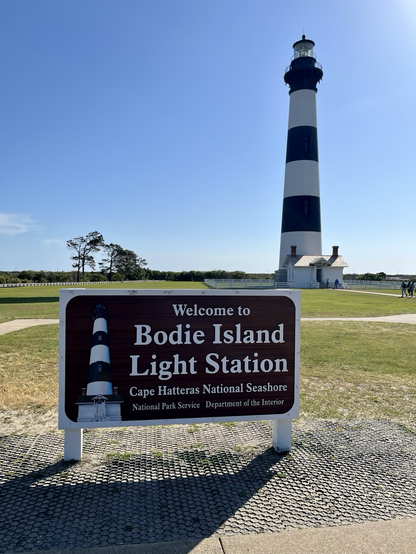 Bodie Island Light Station sign in front of the lighthouse 