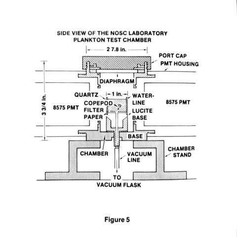 SIDE VIEW OF THE NOSC LABORATORY PLANKTON TEST CHAMBER

|-

2 7.8 in.

PORT CAP

PMT HOUSING

452

1900

DIAPHRAGM

QUARTZ

-1 in.-

3 3/4 in.

8575 PMT

COPEPOD

FILTER PAPER

WATER-LINE LUCITE BASE

8575 PMT

BASE

CHAMBER

VACUUM LINE

CHAMBER STAND

TO

VACUUM FLASK

Figure 5
