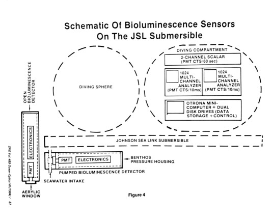 Schematic Of Bioluminescence Sensors On The JSL Submersible

DIVING COMPARTMENT

2-CHANNEL SCALAR (PMT CTS/60 sec)

1024 MULTI-CHANNEL ANALYZER (PMT CTS/10ms) (

1024 MULTI-CHANNEL ANALYZER PMT CTS/10ms)

OTRONA MINI-COMPUTER + DUAL DISK DRIVES (DATA STORAGE + CONTROL)

JOHNSON SEA LINK SUBMERSIBLE

PMT

ELECTRONICS

PUMPED BIOLUMINESCENCE DETECTOR

SEAWATER INTAKE

AERYLIC WINDOW

SPIE Vol 489 Ocean Optics cs VII (1984)/ 87

ELECTRONICS

OPEN BIOLUMINESCENCE DETECTOR

PMT

DIVING SPHERE

BENTH…