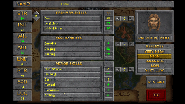 Status from the Character "Conan the Barbarian" - Daggerfall Unity Edition.