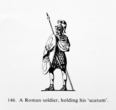 a roman soldier holding his scutum