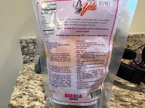 The back of a "Birria Bombs" bag showing the cooking instructions for these munitions of deliciousness.