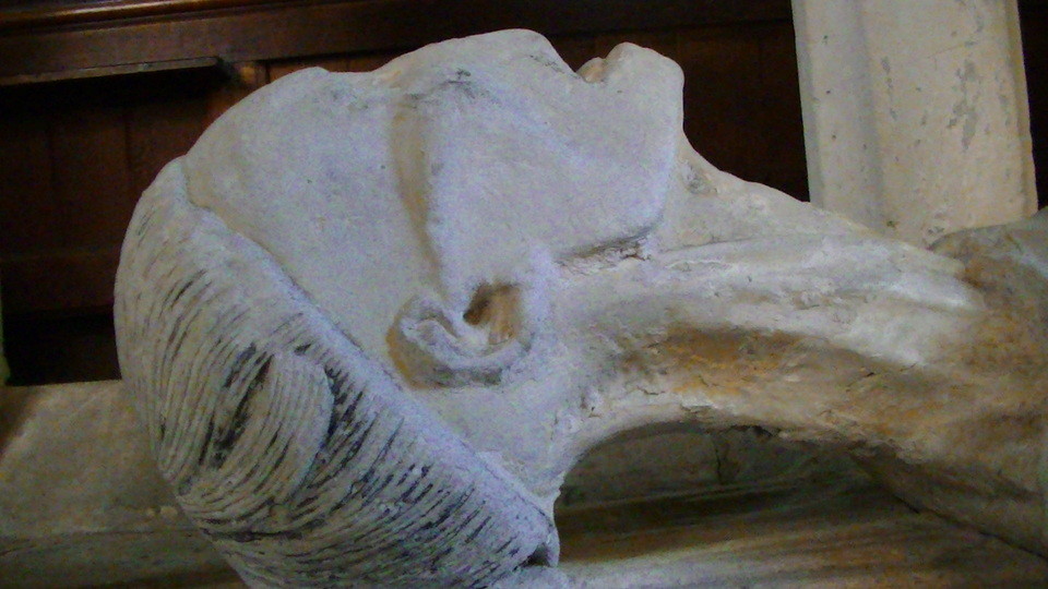 the head of an effigy of an archdeacon's corpse. fifteenth century i think. it is painted white, plaster or maybe wood carving. i should of gave it a bit of a tap to see what it was made of. never mind....