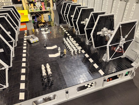 Star Wars Imperial star ship dock with Tie-fighters ready to deploy, built with LEGO