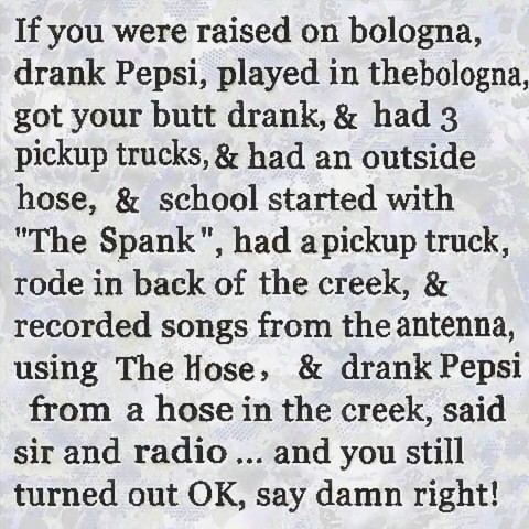 If you were raised on bologna, drank Pepsi, played in thebologna, got your butt drank, & had 3 pickup trucks, & had an outside hose, & school started with "The Spank", had a pickup truck, rode in back of the creek, & recorded songs from the antenna, using The Hose, & drank Pepsi from a hose in the creek, said sir and radio ... and you still turned out OK, say damn right