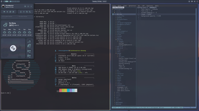 Screenshot of Slackware Current, kernel 7.0.3, Mango, Noctalia shell, Ghostty terminal. And i brought Fresh editor along.