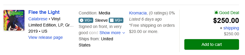 Screenshot of discogs marketplace showing copy of Flee the Light by Calabrese on vinyl up for sale for $250.00 plus shipping. Discogs has marked this as a "Good Deal."