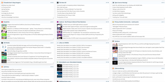 An example of a Protopage with RSS feeds from various privacy and open source news creators and forums.