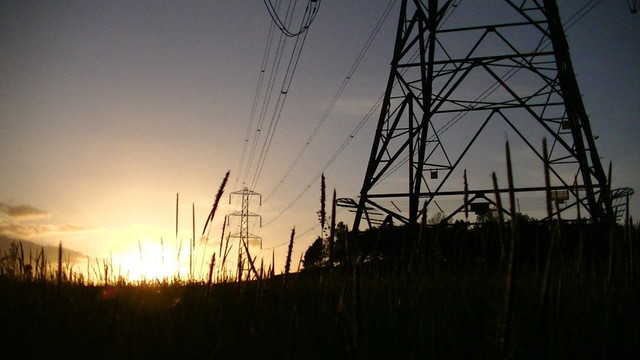 electricity pylons in front of the setting sun from low down in the grass. the top of the nearest pylon is out of shot.