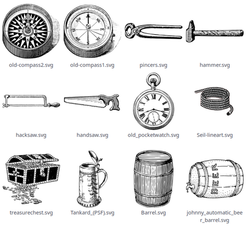compass chest pocketwatch barrel saw rope pincers etc