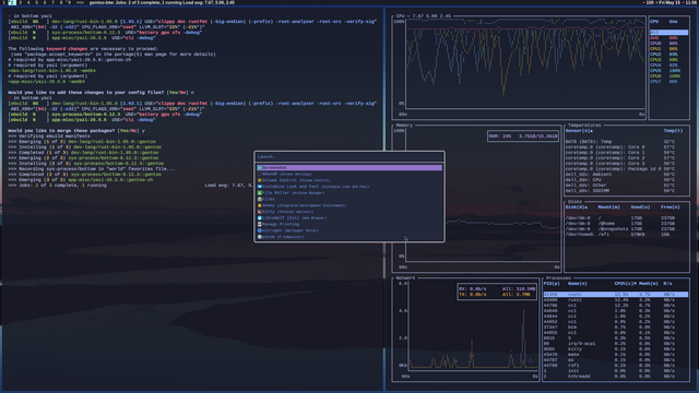 Scrot of terminal windows on dwm - Gentoo, showing two instances of the Fresh editor doing stuff and of the general compile window (emerging yazi)