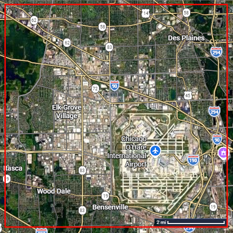 An aerial map with a 62-square-mile area outlined that encloses O'Hare International Airport and the cities of Elk Grove Village and Des Plaines.