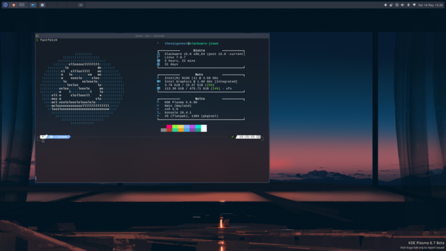 Scrot of fetch in Slackware Current, running the slimmed down KDE 6.7 Beta.