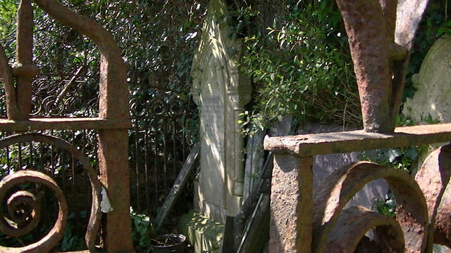 a graveyard plot surrounded by a wrought railings with lots of wrought iron scrolls in the shadow of trees, small bright patches of sunlight makes it through the branches. lots of stone and slate grave stones inside.
