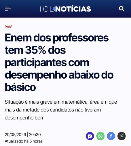 Imagem do ICL Notícias em que se lê o título: "Enem dos professores tem 35% dos participantes com desempenho abaixo do básico".
Abaixo, em letras menores, lemos "Situação é mais grave em matemática, área em que mais da metade dos candidatos não tiveram desempenho bom."