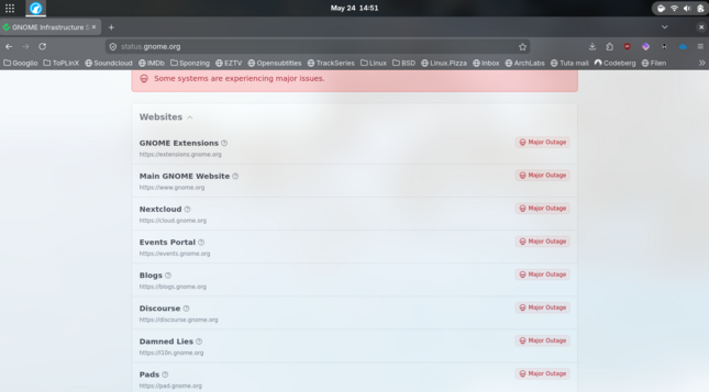 Scrot of overview of all Gnome sites experiencing outages right now.