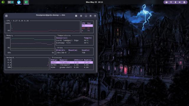 Dracula themed Gnome 50 on Tumbleweed. Terminal with bottom running.