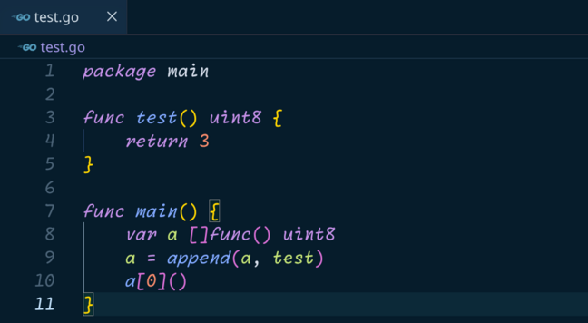 A screenshot showing a slice holding functions then indexing off the slice and using that to return the value of that specific function.