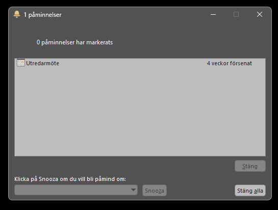 En skärmdump av ett popup fönster från outlook där det framgår att jag har missat ett möte med fyra veckor.