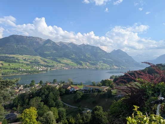 Ein weitläufiger Landschaftsausblick auf einen See, eine Siedlung am Ufer und hohe Berge unter einem blauen Himmel mit weißen Wolken. Im Hintergrund erstrecken sich große, grüne Berge. Ein großer See liegt zwischen den Bergen und der Uferlinie. Entlang des Ufers befinden sich verschiedene helle Gebäude. Der Vordergrund ist mit grünen Bäumen, Büschen und einigen Hausdächern gefüllt