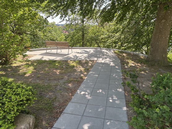 A tiled path leads to a clearing with a bench drenched in warm sunlight from a blue-grey sky. Small pieces of greenery are on the right and left with the earth otherwise mostly clear and a light brown, and an old, strong three is on the opposite side of the bench. The end of the path is rounded off by a slightly raised edge, and beyond it is mostly green, but you can make out roofs of a few houses as well a small part of a lake if you know where it is. 