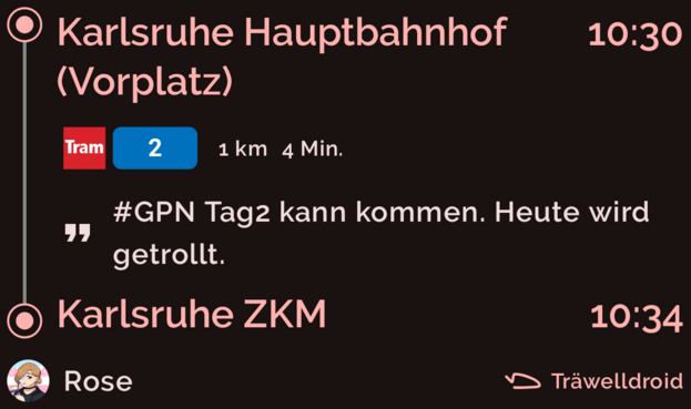 Träwelling-Status von Karlsruhe Hauptbahnhof (Vorplatz) nach Karlsruhe ZKM von 10:30 bis 10:34