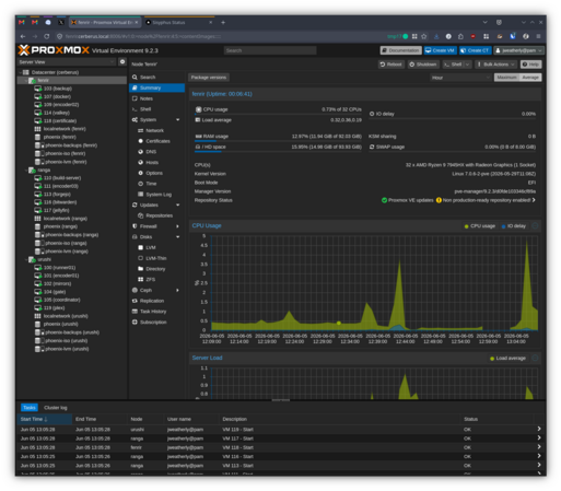 A screenshot of the Fenrir Proxmox node showing all of the online VMs and the basic stats for Fenrir.