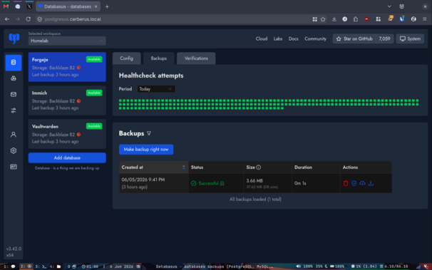 A screenshot of the three main DBs running on the network being backed up into Backblaze via Databasus.