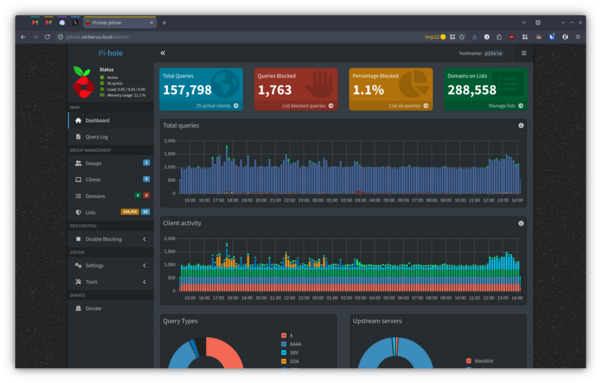 A screenshot of the Pihole dashboard showing that it's running securely.