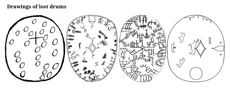 drawings of lost Sámi drums with circles and crosses and animals and things like that
