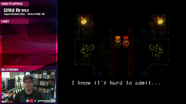 The final version of the OBS overlay showing the Wild Arms waiting scemes along with the title and a picture of me in the bottom-left via the webcam.