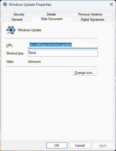 Setting a shortcut for windows 11 update.