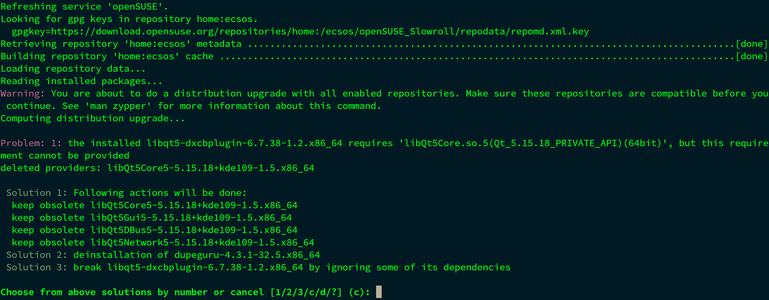 Refreshing service 'openSUSE'.
Looking for gpg keys in repository home:ecsos.
  gpgkey=https://download.opensuse.org/repositories/home:/ecsos/openSUSE_Slowroll/repodata/repomd.xml.key
Retrieving repository 'home:ecsos' metadata .......................................................................................[done]
Building repository 'home:ecsos' cache ............................................................................................[done]
Loading repository data...
Reading inst…
