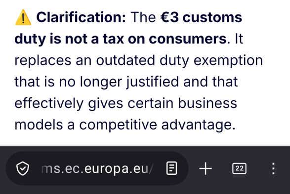 ⚠️ Clarification: The €3 customs duty is not a tax on consumers. It replaces an outdated duty exemption that is no longer justified and that effectively gives certain business models a competitive advantage.