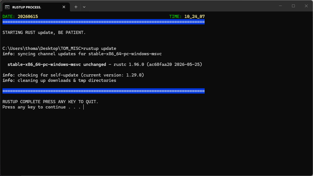 RUST installed.  Checked by running update and all is good.