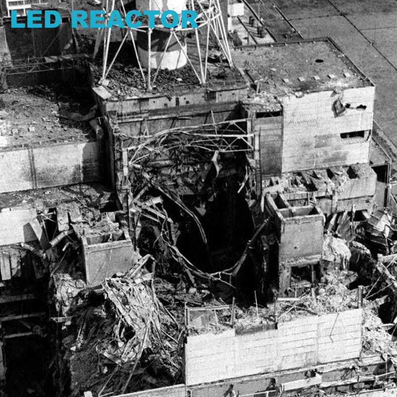 Chernobyl disaster. Aftermath of an exploded reactor. This is black-and-white like the Led Zeppelin cover. The title reads Led Reactor.