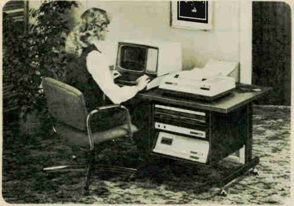 Heath workstation featuring an H19 terminal, H14 line printer, H27 dual 8" floppy drive, and H11A (LSI PDP-11/03) computer. And a stylish chair. And a stylish lady. And a stylish carpet. And a plant. And some kind of a picture. And a door! Also a wall. Presumably a ceiling.