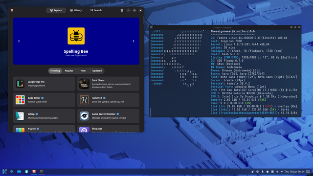 Scrot of asterix-danang, my own bootc KDE image, showing Bazaar and a fetch of Kinoite (on which it is based).
