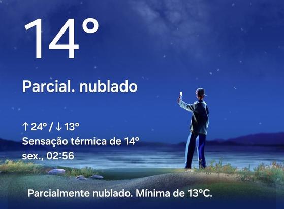 Tela de um aplicativo de meteorologia, marcando 14 graus e sensação térmica de 14 graus. O horário é 2:56 da madrugada.