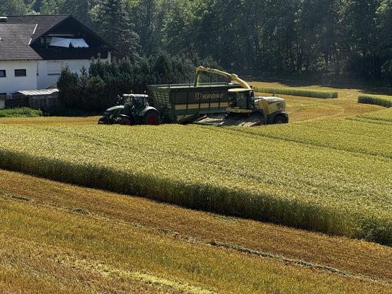 Auf dem Bild ist eine Erntesituation auf einem Feld zu sehen:

- Ein **Fendt-Traktor** (dunkelgrün) zieht einen grünen **Krone-Häckselwagen**, der gerade befüllt wird
- Ein **Krone Feldhäcksler** (gelb, mit Auswurfkrümmer) lädt das gehäckselte Erntegut direkt in den Anhänger
- Im Vordergrund liegt ein abgemähter Streifen Getreide, dahinter steht noch reifes, goldenes Getreide
- Im Hintergrund ein Bauernhaus mit dunklem Walmdach und weißer Fassade, davor Koniferen/Hecken, und am Waldrand ein dic…