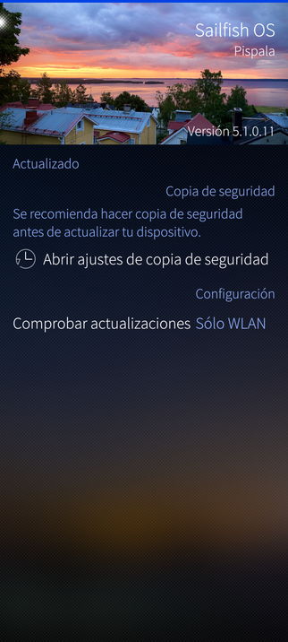 Se ve una captura de pantalla de un móvil con Sailfish. Se ve la pantalla de actualización del sistema operativo que informa que está actualizado a la versión 5.1.0.11