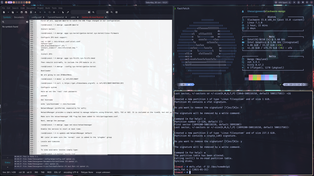 Scrot of Slackware Mango session, with 3 windows shown: fastfetch of Slackware, install manual for Gentoo and an ssh session into Gentoo