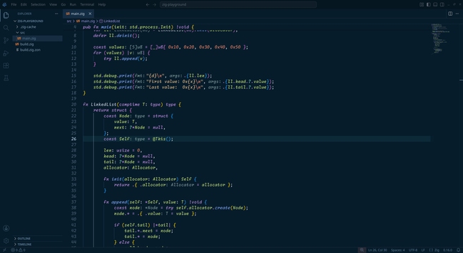 A screenshot of me working through a linked list "recipe" found on The Internet:tm: written in Zig.
