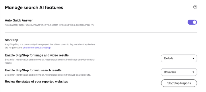 Screenshot of the Kagi AI settings page where Kagi can either exclude or downrank images. videos or search results that are flagged as AI generated.
